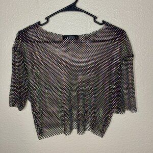 AKIRA - Mesh short sleeve crop top with rhinestones